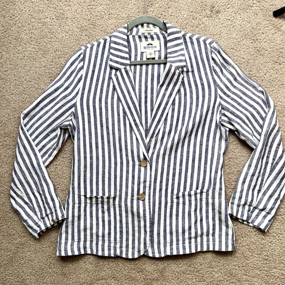 British Khaki 100% Linen Blazer Striped Blue White Women's Size L - Picture 1 of 8